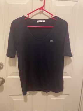 Lacoste Navy V-Neck Short Sleeve Tee with Crocodile Logo